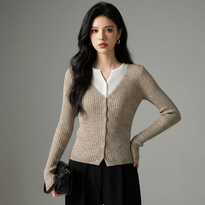 Pull tricoté doux femme col V couleur avoine - Koreanxwear - Taille S