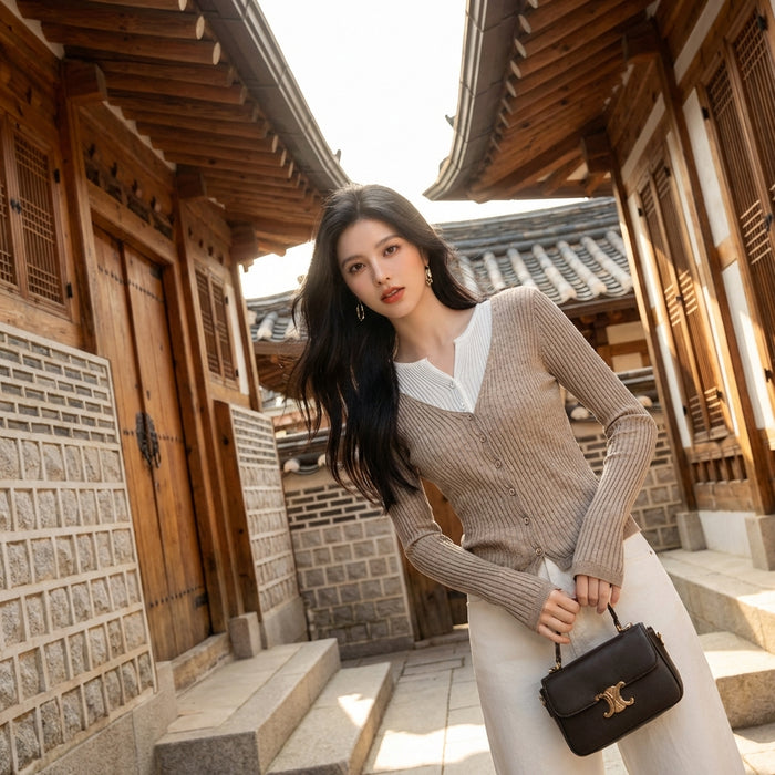 Pull tricoté doux femme col V couleur avoine - Koreanxwear