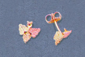 Solid 10kt Three Tone, Grapes Two Leaf Stud Earrings (1 Set), Red and Green Leaves, 642-406