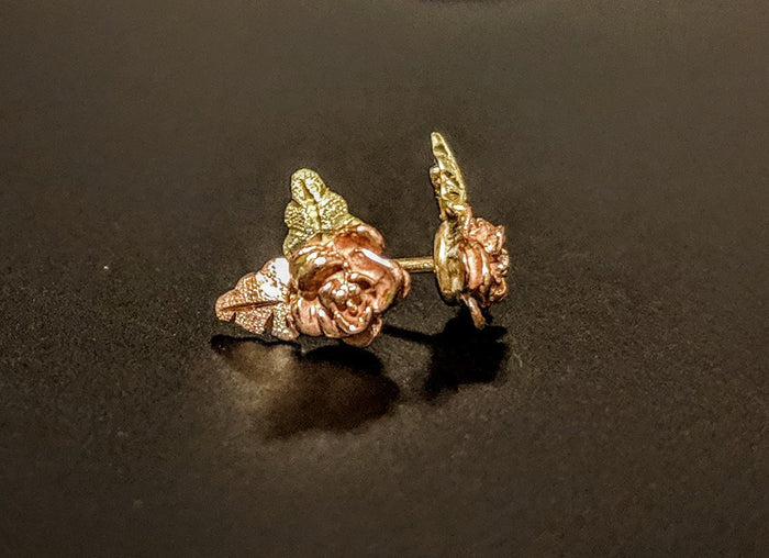 Solid 10kt Three Tone, Rose Two Leaf Stud Earrings (1 Set), Red and Green Leaves, 642-463