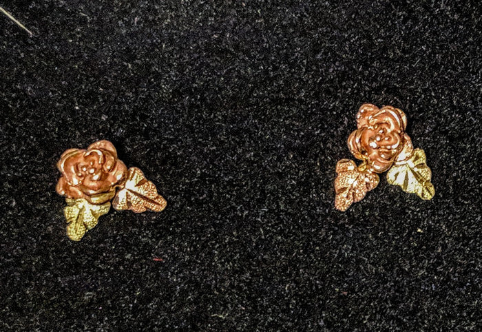 Solid 10kt Three Tone, Rose Two Leaf Stud Earrings (1 Set), Red and Green Leaves, 642-463