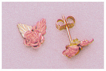 Solid 10kt Three Tone, Rose Two Leaf Stud Earrings (1 Set), Red and Green Leaves, 642-463
