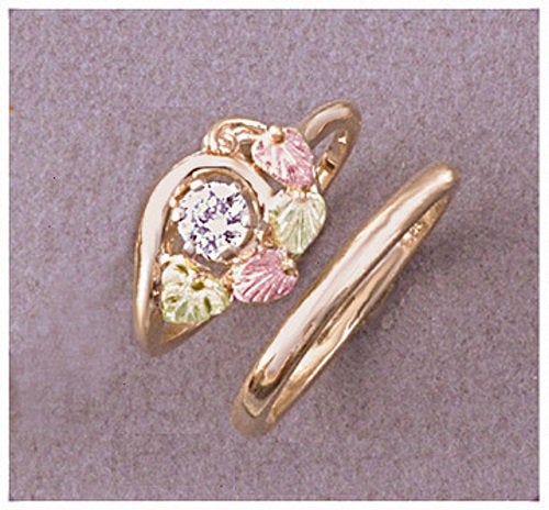 Solid 10kt Three Tone Two Leaf Wedding Set, Natural Gemstone Ruby, Emerald, White or Blue Sapphire, Size 7 643-663, Includes 3mm Band