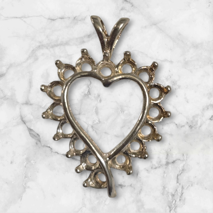 Solid Sterling Silver or 14k Gold 16 Stone Fancy Heart Pendant Setting, 2.25mm Round, New, Made in USA 161-244/141-244