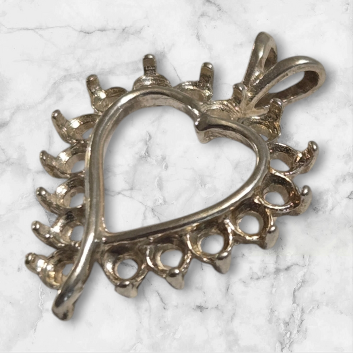 Solid Sterling Silver or 14k Gold 16 Stone Fancy Heart Pendant Setting, 2.25mm Round, New, Made in USA 161-244/141-244