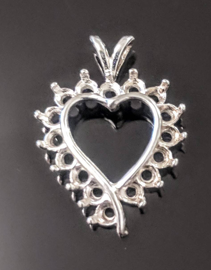 Solid Sterling Silver or 14k Gold 16 Stone Fancy Heart Pendant Setting, 2.25mm Round, New, Made in USA 161-244/141-244