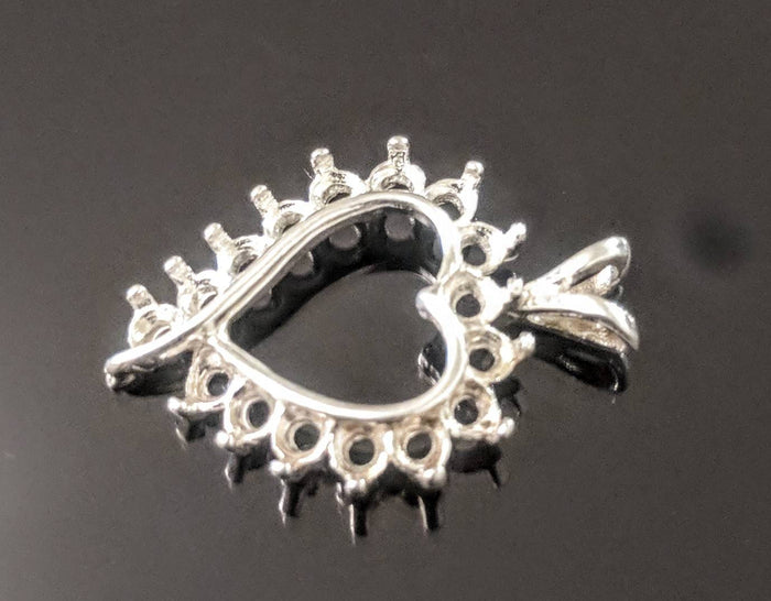 Solid Sterling Silver or 14k Gold 16 Stone Fancy Heart Pendant Setting, 2.25mm Round, New, Made in USA 161-244/141-244