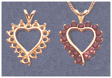Solid Sterling Silver or 14k Gold 16 Stone Fancy Heart Pendant Setting, 2.25mm Round, New, Made in USA 161-244/141-244