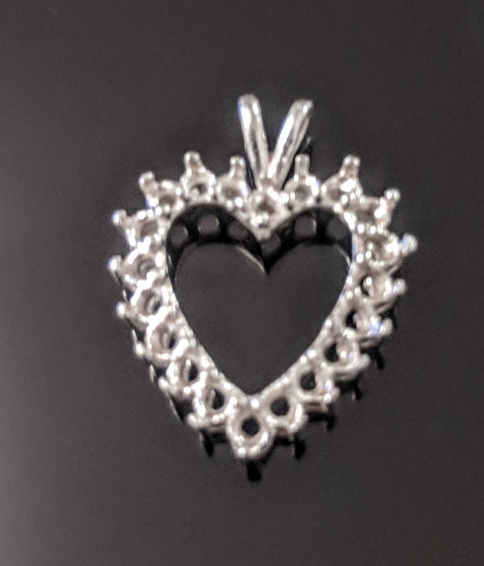 Solid Sterling Silver or 14kt White or Yellow Gold 20 Stone Fancy Heart Pendant Setting, 2.25mm Round, New, Made in USA 161-240/141-240