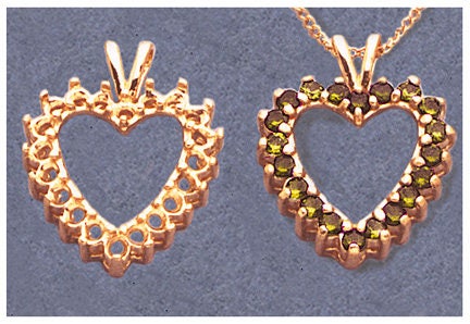 Solid Sterling Silver or 14kt White or Yellow Gold 20 Stone Fancy Heart Pendant Setting, 2.25mm Round, New, Made in USA 161-240/141-240
