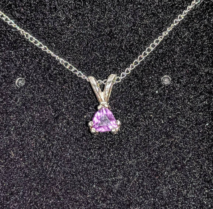 Solid Sterling Silver or Gold Natural Amethyst Pendant with Chain, 4mm, 5mm, 6mm or 7mm Trillion Cut, Dangle Pendant, Custom Made 141-080