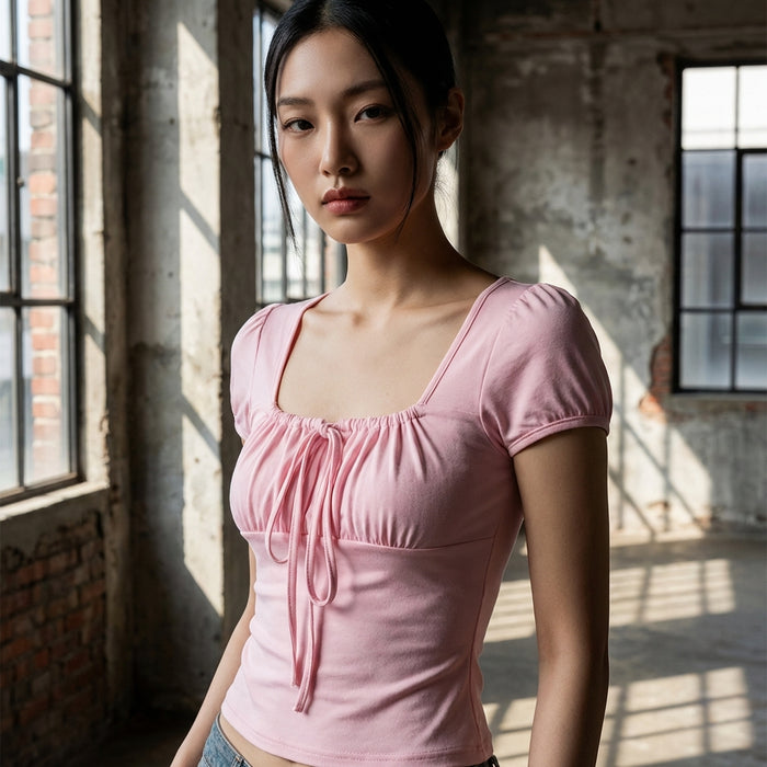 T-shirt rose slim fit col carré - Mode K-fashion femme - Taille S