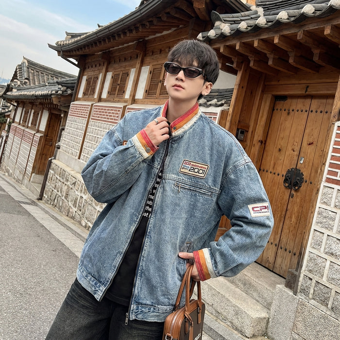 Veste en jean col montant unisexe, mode streetwear coréenne