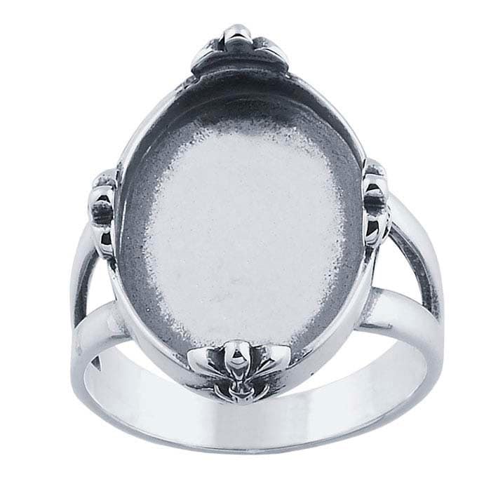 Sterling Silver Fleur-de-Lis Accent 18x13 mm Oval Ring Mounting,  blank Cab (Cabochon) setting Size 7 to 8, 6871497