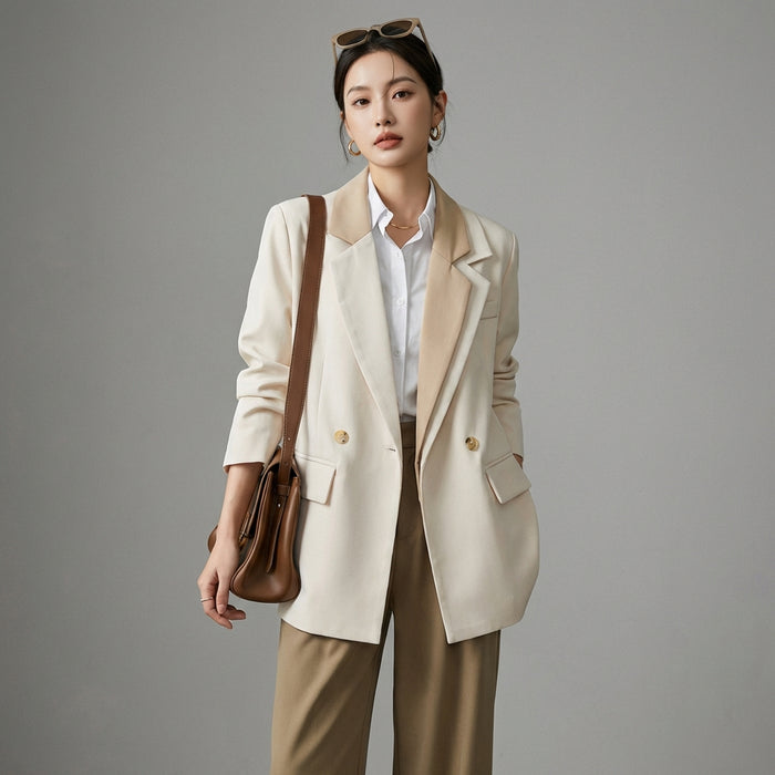 Veste blazer droite beige avec col double - Koreanxwear - Taille S