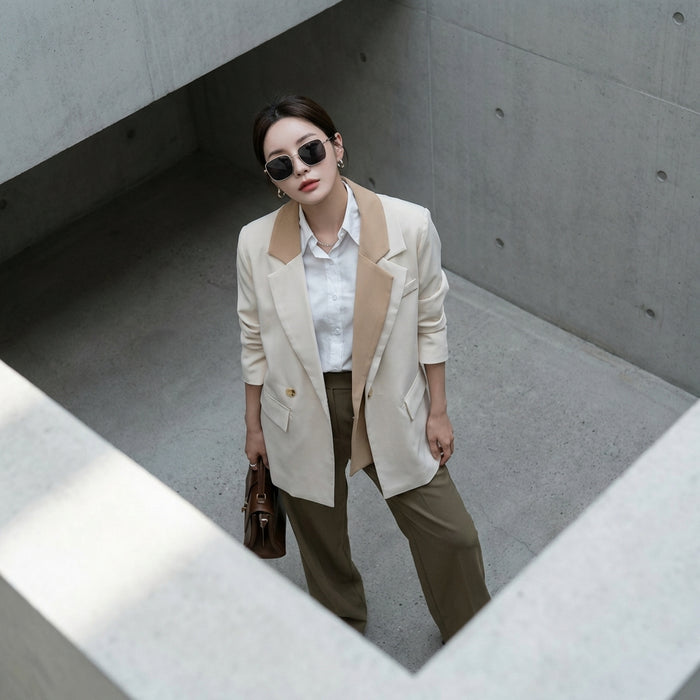 Veste blazer droite beige avec col double - Koreanxwear