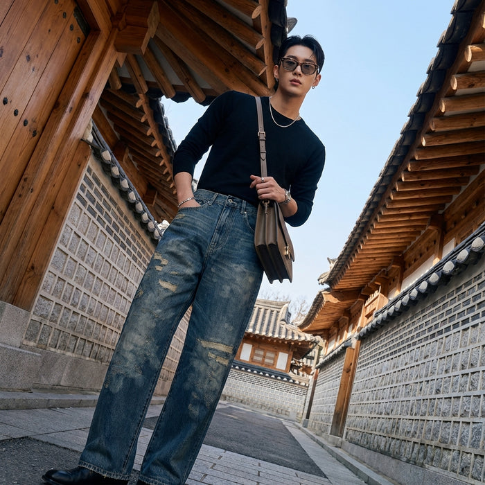 Jean droit délavé déchiré pour homme - Koreanxwear