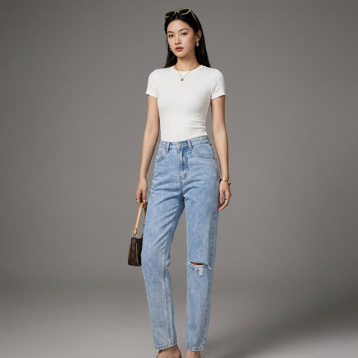 Jean droit taille haute déchiré pour femme - Style K-fashion urbain en denim bleu - Taille 30