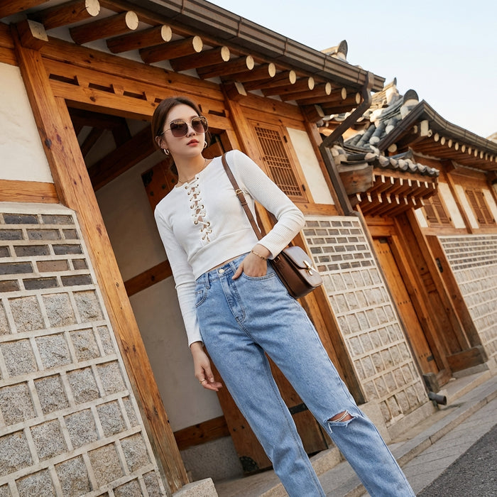 Jean droit taille haute déchiré pour femme - Style K-fashion urbain en denim bleu
