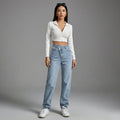 Jean femme droit taille asymétrique, denim clair - Koreanxwear - Taille L