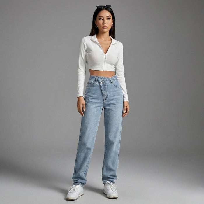 Jean femme droit taille asymétrique, denim clair - Koreanxwear - Taille L