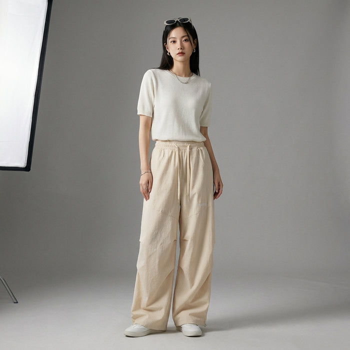 Pantalon droit taille moyenne ample bleu ou abricot - Koreanxwear - Taille S
