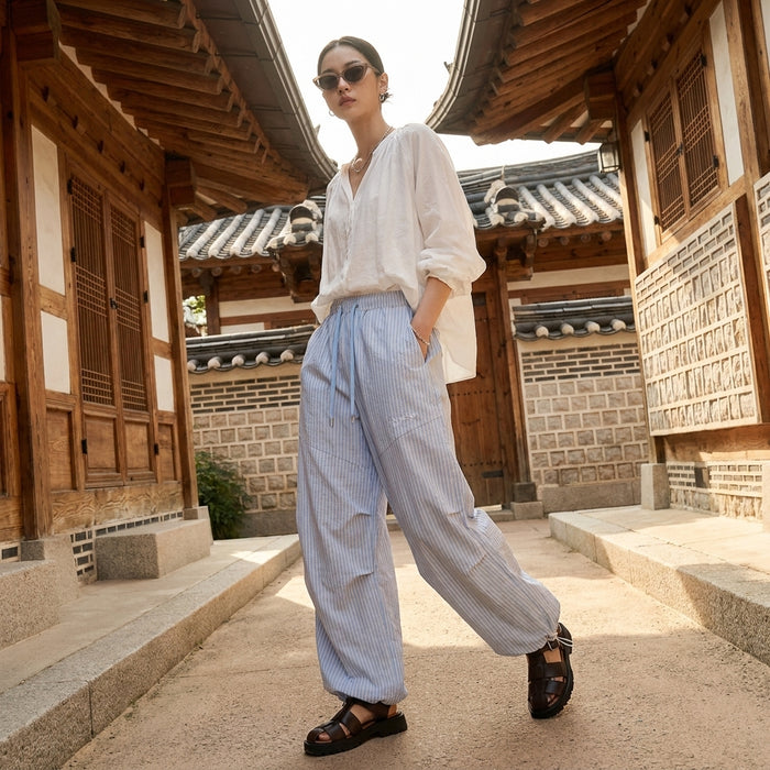 Pantalon droit taille moyenne ample bleu ou abricot - Koreanxwear