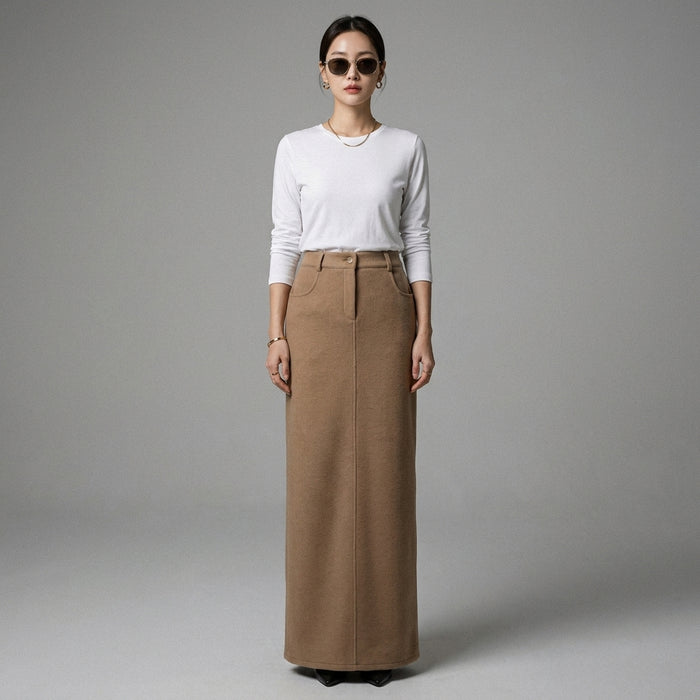 Jupe longue droite en laine marron taille haute - Mode Coréenne Hiver - Taille S