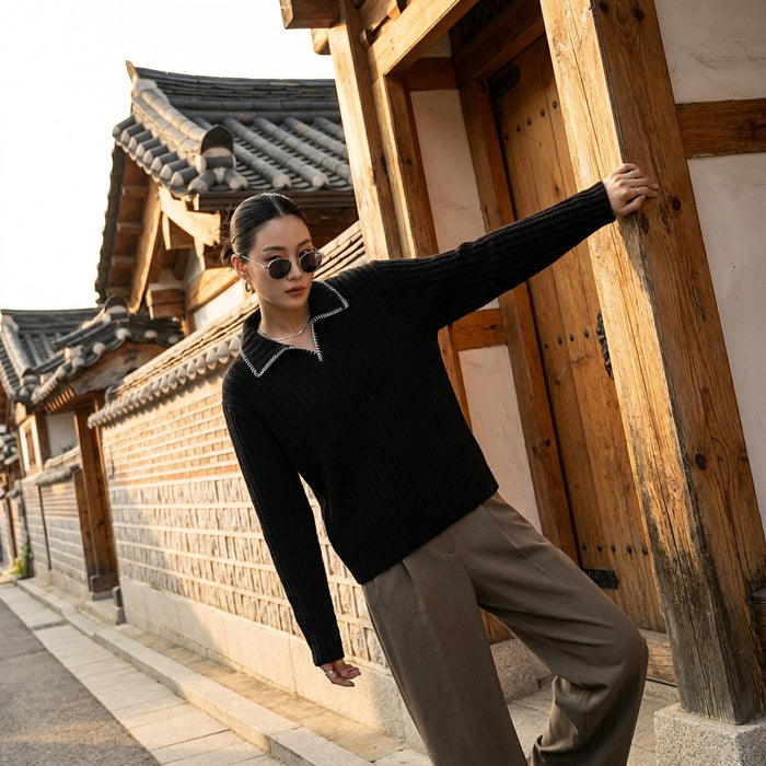 Pull col rabattu coupe ample streetwear homme - Koreanxwear