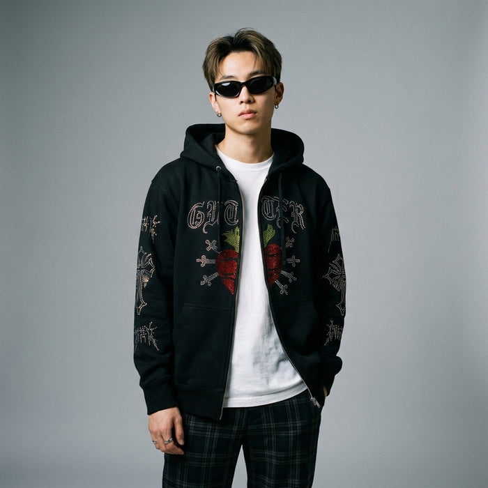 Cardigan noir imprimé streetwear avec strass - Koreanxwear - Taille S