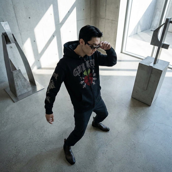 Cardigan noir imprimé streetwear avec strass - Koreanxwear