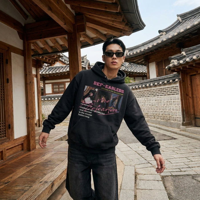 Hoodie ample imprimé pour homme, style streetwear K-fashion, couleur noir ou gris floral.