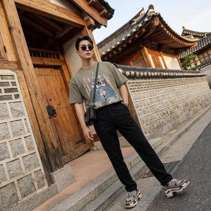 T-Shirt homme imprimé streetwear noir et vert - Koreanxwear