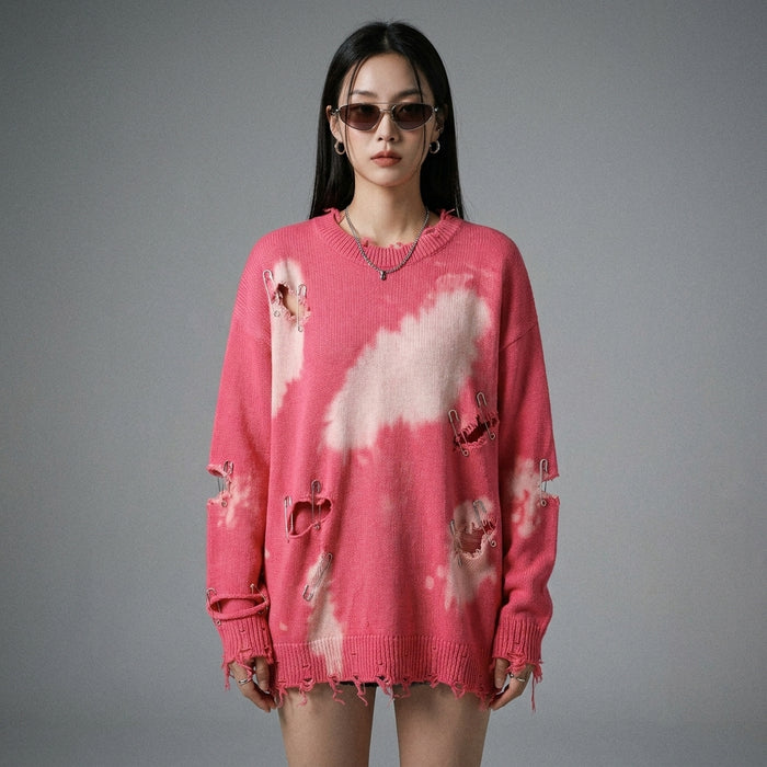 Pull streetwear tie-dye rose et noir, col rond, manches longues - Koreanxwear - Taille M