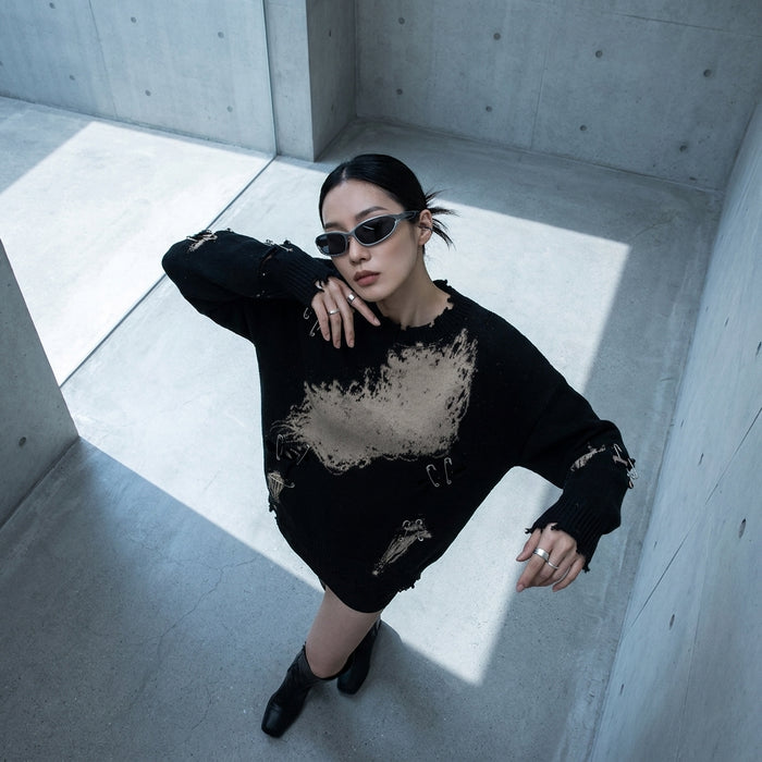 Pull streetwear tie-dye rose et noir, col rond, manches longues - Koreanxwear