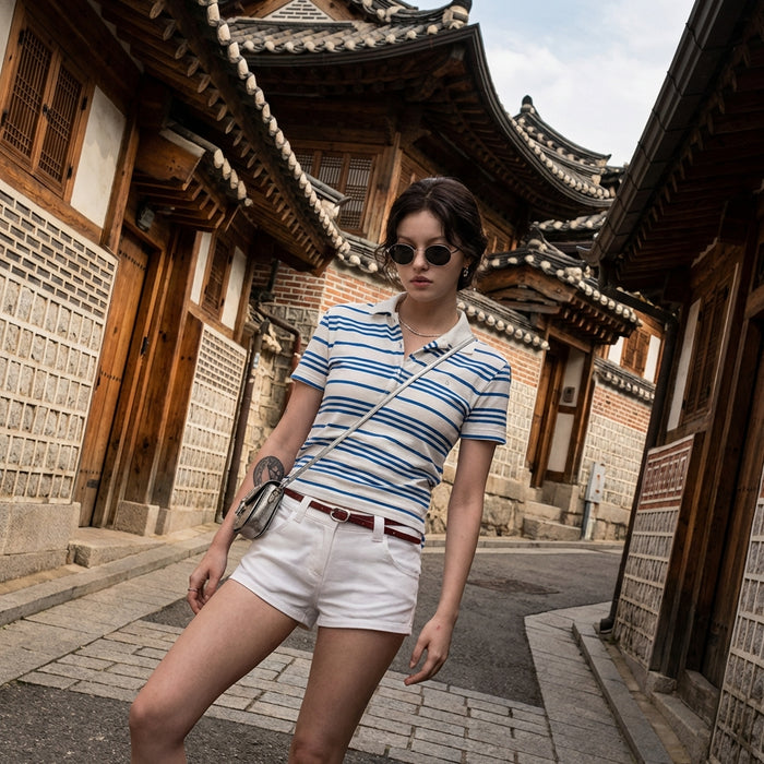 Polo court rayé bleu et blanc avec ceinture - K-fashion femme