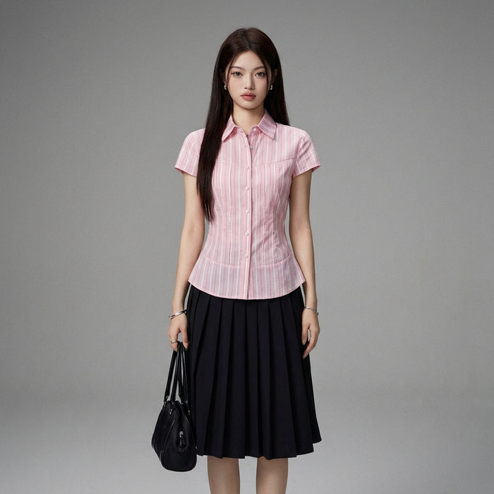 Chemisier rose rayé cintrée femme K-fashion - Koreanxwear - Taille S