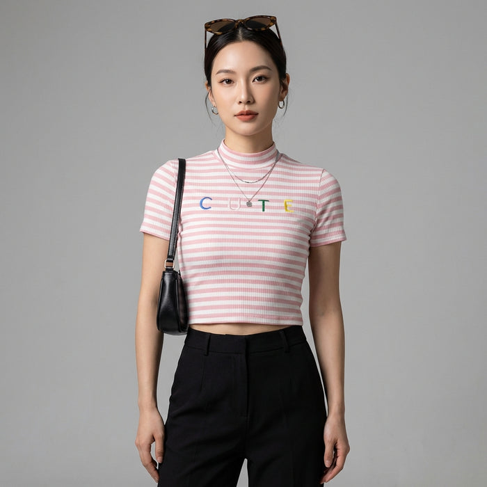 T-shirt court rayé rose et blanc col montant - K-fashion femme - Taille S