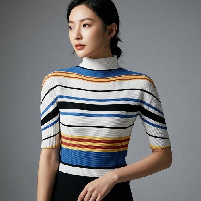 T-shirt rayé bleu et blanc à col montant pour femme - Koreanxwear