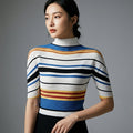 T-shirt rayé bleu et blanc à col montant pour femme - Koreanxwear
