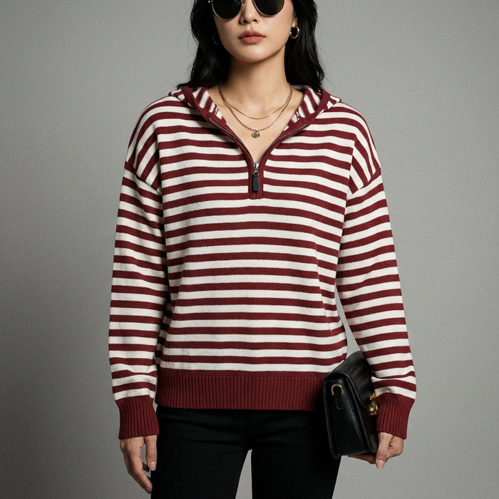 Cardigan rayé à capuche bordeaux pour femme - Koreanxwear - Taille S