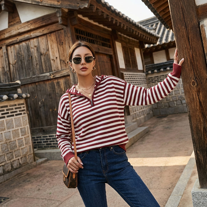Cardigan rayé à capuche bordeaux pour femme - Koreanxwear