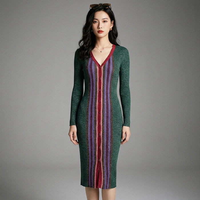 Robe midi en maille rayée vert foncé col V - Koreanxwear - Taille S