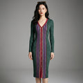 Robe midi en maille rayée vert foncé col V - Koreanxwear - Taille S