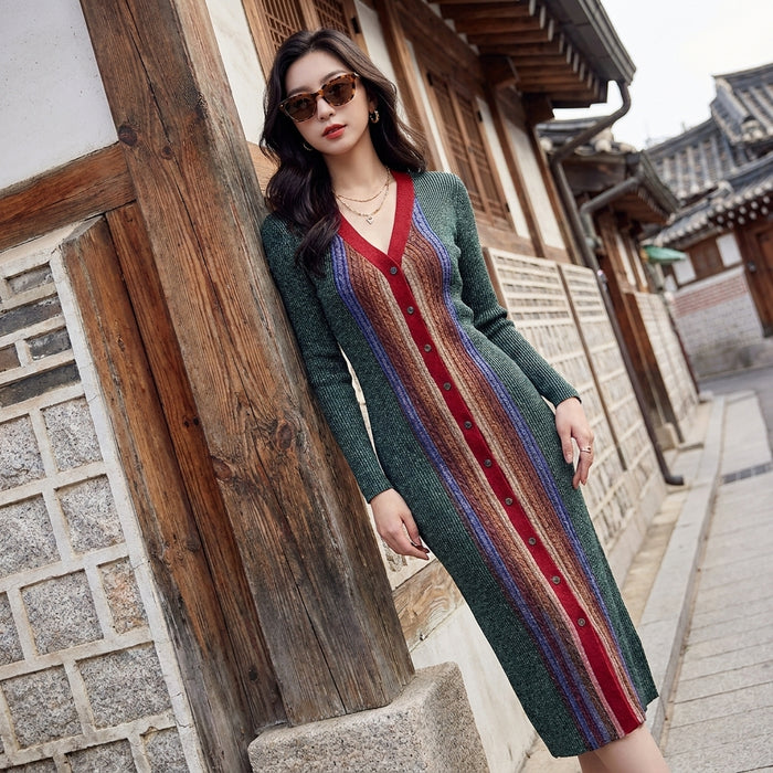 Robe midi en maille rayée vert foncé col V - Koreanxwear