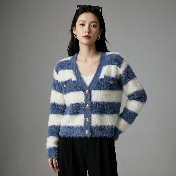 Cardigan tricoté rayé col V, mode coréenne, femme - Taille One Size