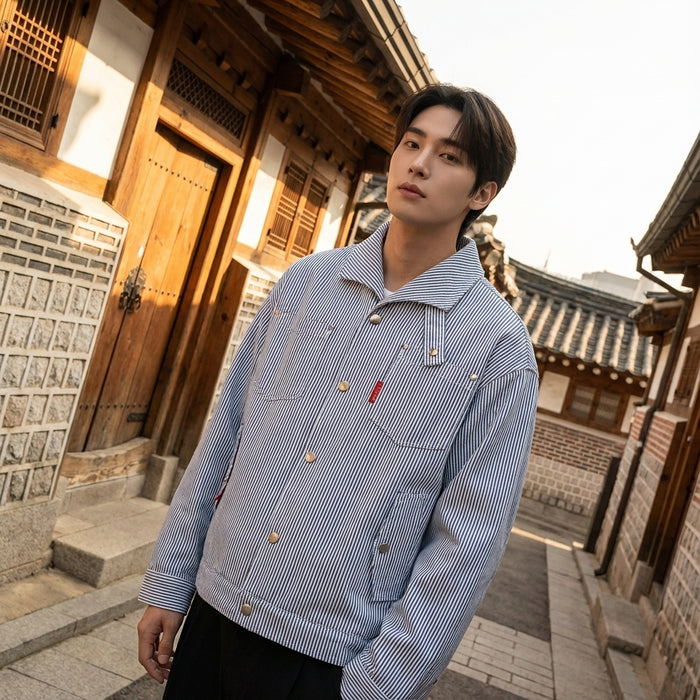 Veste rayée unisexe bleue à col cranté - K-fashion Streetwear