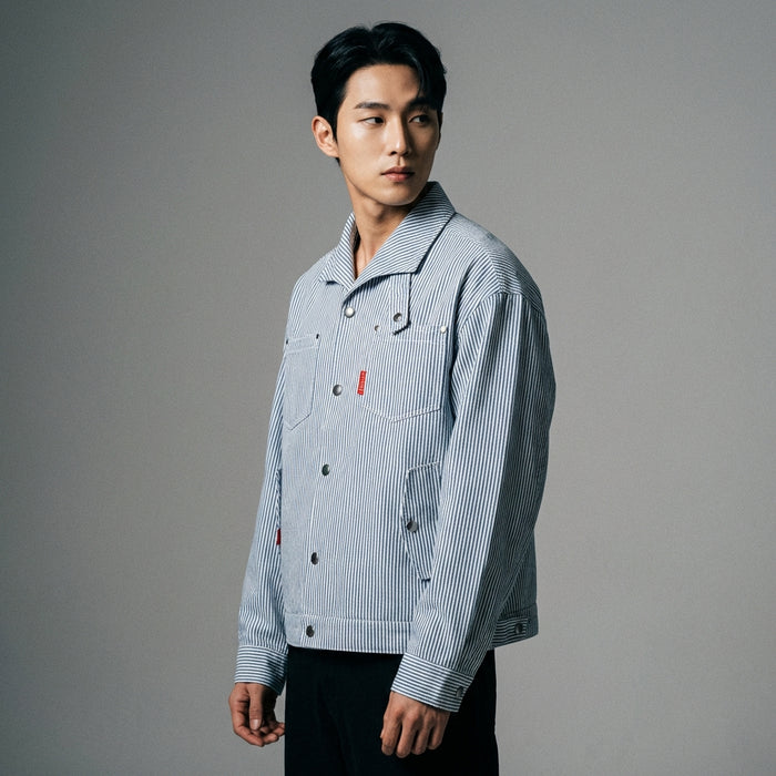 Veste rayée unisexe bleue à col cranté - K-fashion Streetwear