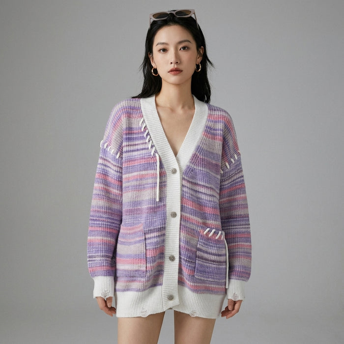 Cardigan oversize rayé multicolore K-fashion pour femme - Koreanxwear - Taille S