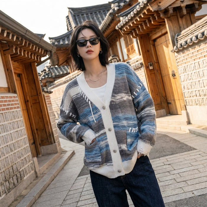 Cardigan oversize rayé multicolore K-fashion pour femme - Koreanxwear